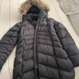 Marmot down coat with faux fur lined hood